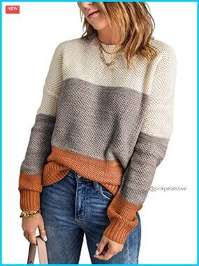 Womens Color Block Crewneck Pullover Sweater Long Sleeve Knit Fall Top